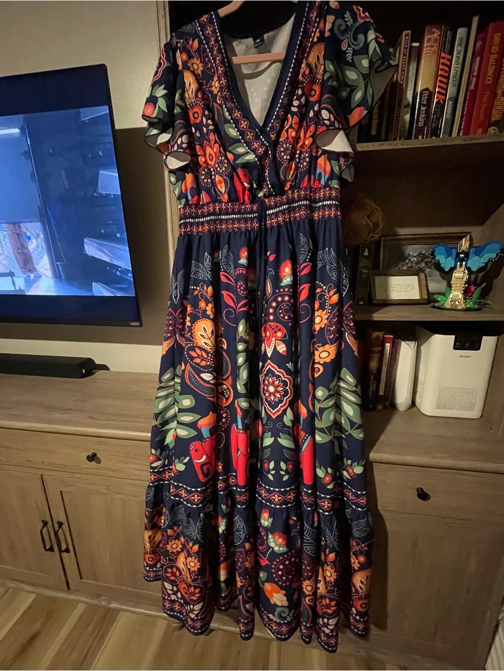 SHEIN Navy Floral Paisley Maxi Dress with Ruffle Sleeves